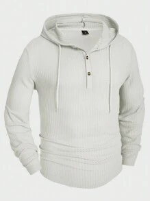 Manfinity Homme Men Solid Waffle Drawstring Hooded Tee, For Fall - White - View 3