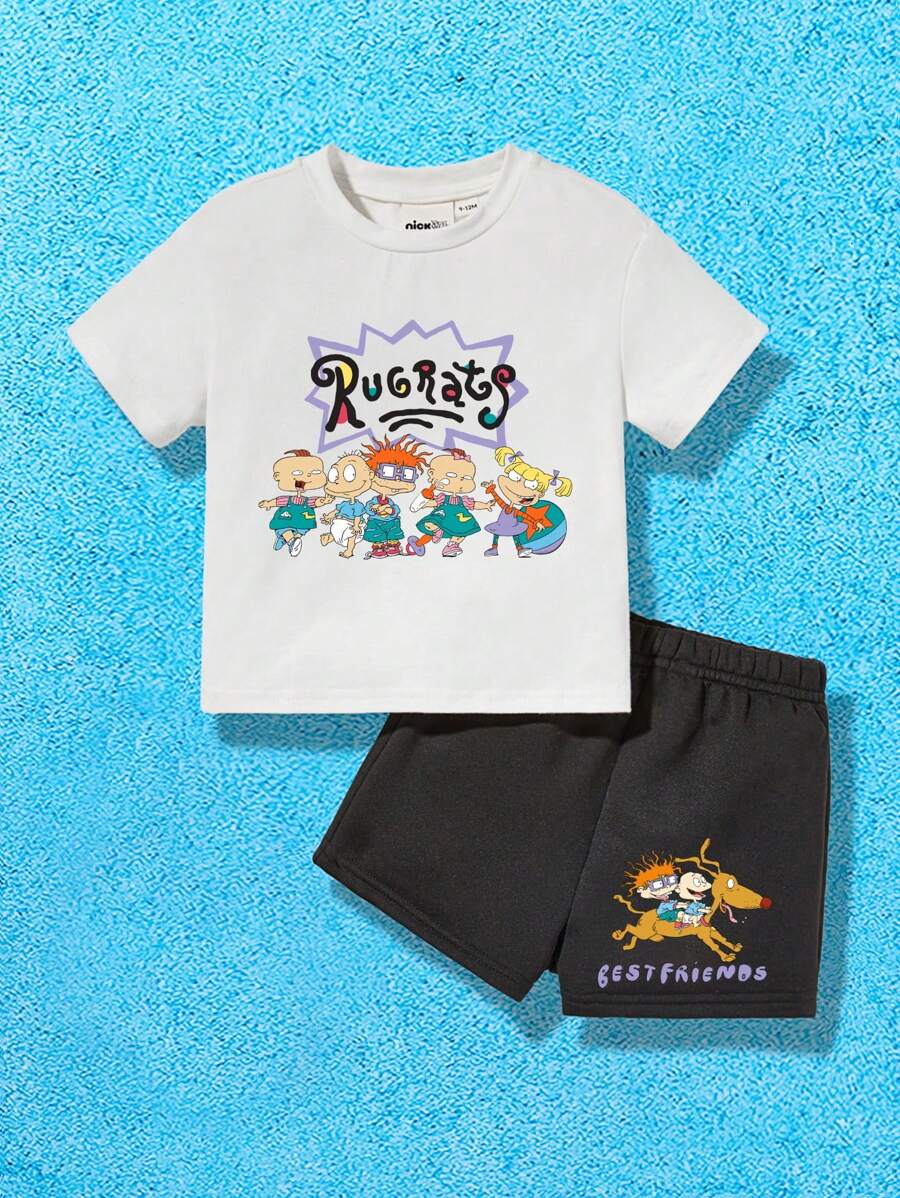 Nick 90s | SHEIN Baby Boy Cartoon Figure Graphic Tee & Shorts - Black and White - View 1