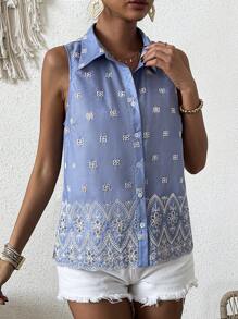 Chiquease Frühjahr/sommer Besticktes Knopfleiste Ärmelloses Hemd Mit Details - Blau - Übersicht 4