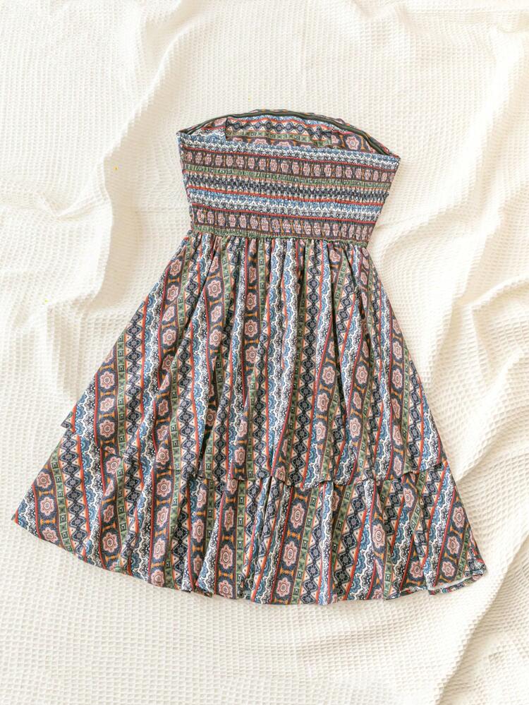 Women's Vacation Music Festival Strapless Ruffle Hem Print Dress