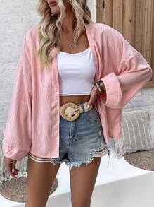 SHEIN Holidaya Textured Chất vải Áo len Mở Giải trí Kỳ nghỉ Áo khoác - Hồng - Xem 1