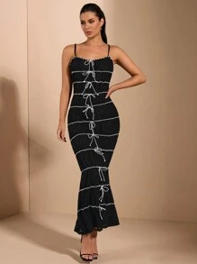 SHEIN BAE 黑色網眼透視與對比色波邊蝴蝶結裝飾長款性感優雅連身裙