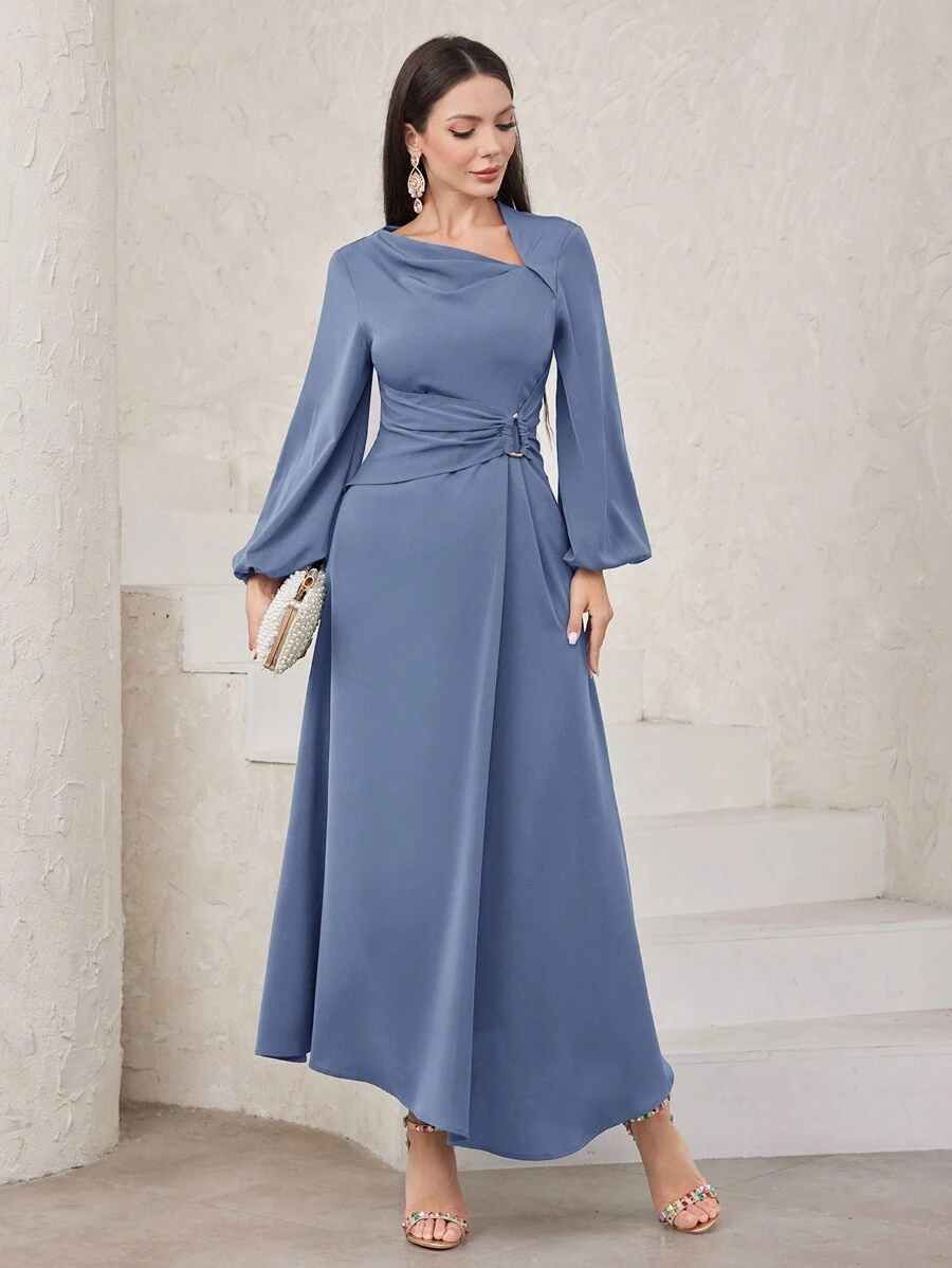 Modelyn 女士純色不對稱領A字裙，配有燈籠袖和收腰設計，婚禮嘉賓服裝 - 藍色 - 查看 1