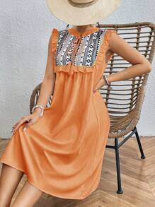 SHEIN LUNE Đầm không tay in họa tiết hình học với viền xếp nếp và trang trí. - Màu Cam san hô - Xem 7