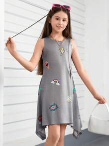 SHEIN Cartoon Printed Asymmetrical Hem Dress For Tween Girls - Grey - View 6