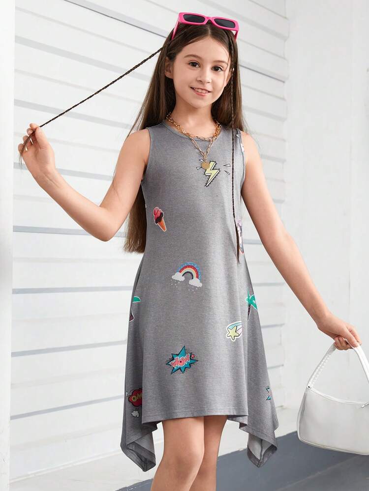 Cartoon Printed Asymmetrical Hem Dress For Tween Girls