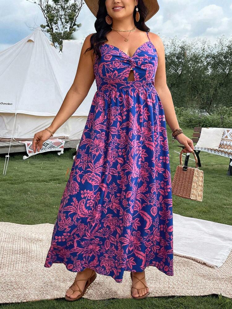 Plus Size Plant Print Cut Out Twist Front Cami Dress