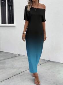 EMERY ROSE Women's Fashion Blue-Black Ombre Short Sleeve Asymmetrical Neck Dress
