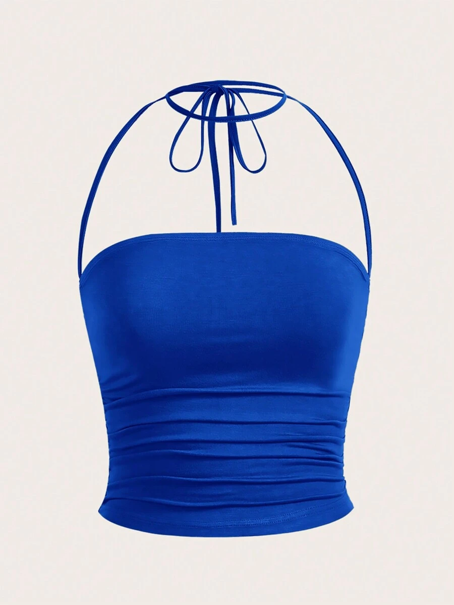 SHEIN EZwear 針織褶皺修身露背背心,帶頸帶 - 寶藍色 - 查看 1