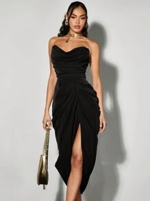 SHEIN BAE 優雅不對稱褶皺露背連身洋裝