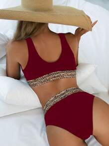 SHEIN Swim Women's Leopard Splice Two-Piece Bikini Set Summer Beach