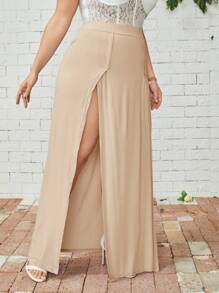 SHEIN VCAY M型開叉大碼高腰實色半身裙 - 卡其色 - 查看 3