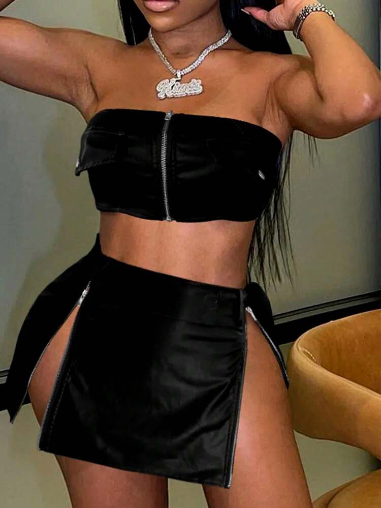 Zipper Front Flap Detail Tube Top & Skirt Set