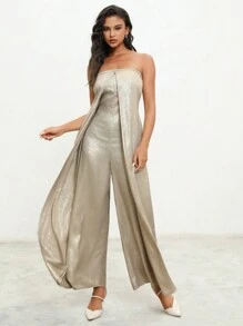 Anewsta 光澤廣腿無肩帶連體褲 - 金色 - 查看 4