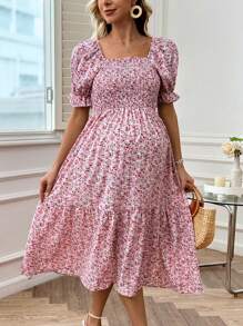 SHEIN Maternity Floral Print Split Hem Bubble Sleeve Dress - Pink - View 4