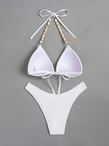 SHEIN Swim Conjunto de bikini de unicolor con correas de piedra y diseño sencillo para playa de verano para mujeres - Blanco - Ver 6
