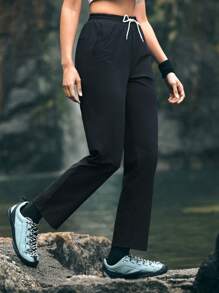 In My Nature 女士戶外彈性腰帶字母印花長褲,帶束口