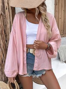 SHEIN Holidaya Textured Chất vải Áo len Mở Giải trí Kỳ nghỉ Áo khoác - Hồng - Xem 3
