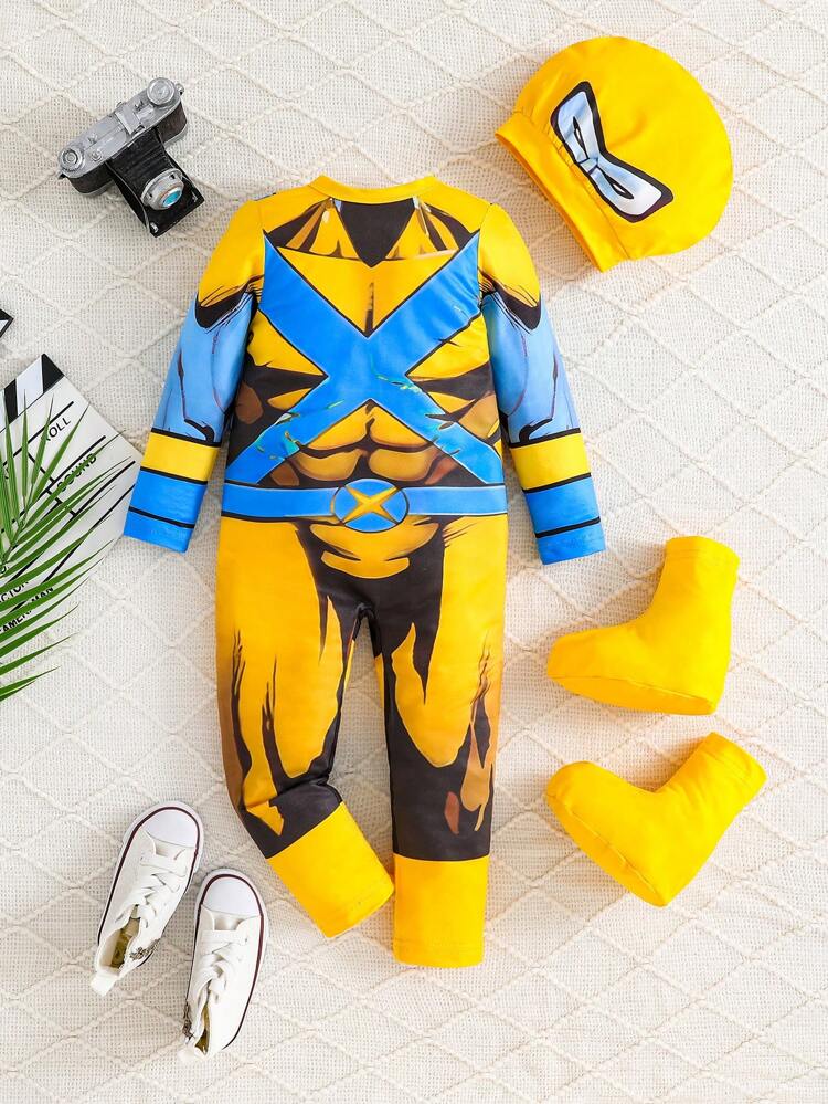 Superhero Style Costume Set For Boys With Hat, Jumpsuit And Socks