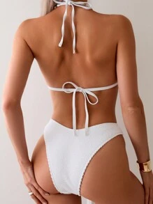 SHEIN Swim Conjunto de bikini de unicolor con correas de piedra y diseño sencillo para playa de verano para mujeres - Blanco - Ver 2