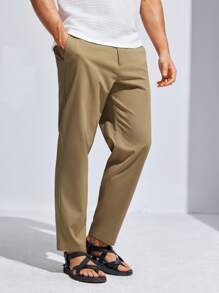 Manfinity Homme Men's Casual Straight-Leg Suit Pants With Diagonal Pockets - Khaki - View 3