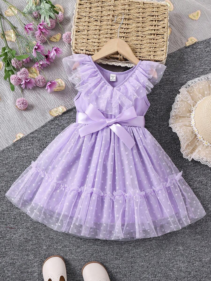 Glamorique Kids Young Girl V-Neck Mesh Dress With Ruffles And Pleats