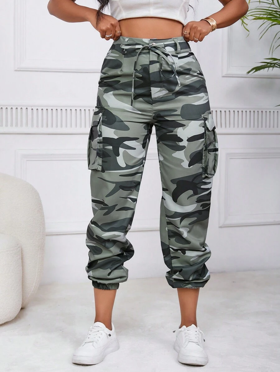 SHEIN LUNE Camo Print Flap Pocket Side Tie Front Cargo Pants - Army Green - View 1