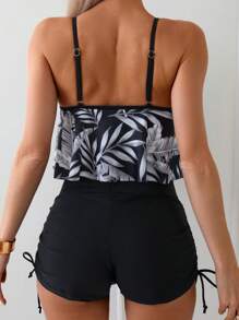 SHEIN Swim Conjunto Tankini de verano con parte superior tipo cami con dobladillo Hanky y estampado de plantas al azar y short de baño lateral con cordón para la playa