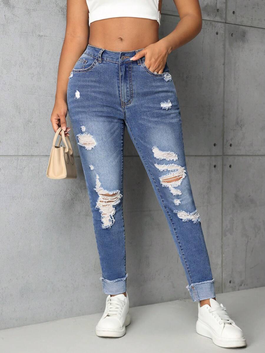 Ladies' Slim Fit Jeans With Pockets And Distressed Details - Blue - View 1