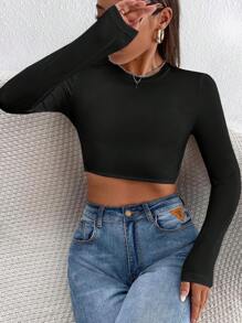 SHEIN PETITE Diamond Chain Decorated Long Sleeve Cropped T-Shirt With Open Back - Black - View 5