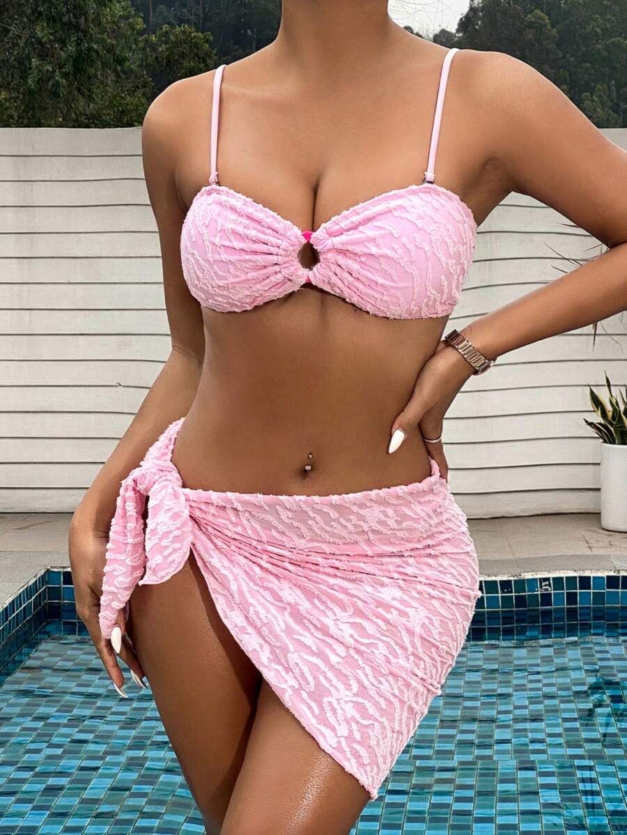 SHEIN Swim 3入組女士無肩帶比基尼套裝 - 粉色 - 查看 1