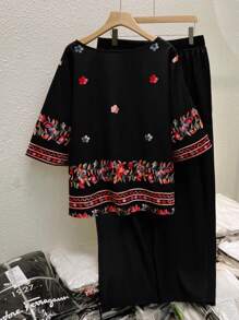 SHEIN LUNE Kích thước lớn Của phụ nữ In hoa Vòng cổ Áo Và Quần Bộ - Nhiều màu - Xem 2