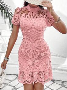Breezaya Women's Elegant Pink Lace Empire Waist Dress Vacation Beach Outfit - Pink - View 4