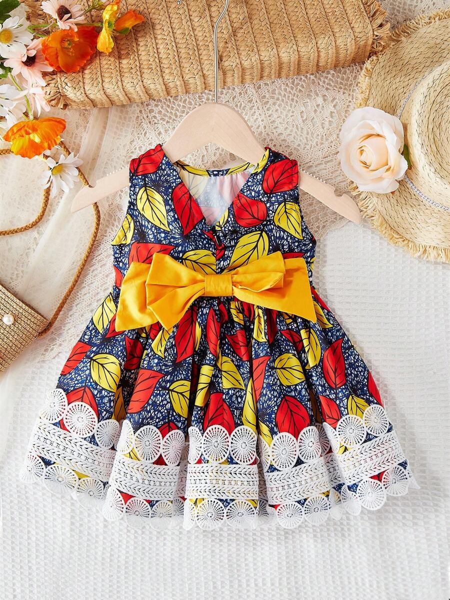 SHEIN Baby Girl Casual Leaf Pattern Patchwork Lace Trim Sleeveless Dress - Blue - View 1