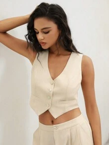Anewsta Chaleco De Traje Y Conjunto De Shorts De Lino Con Botones En La Parte Frontal Y Escote En V