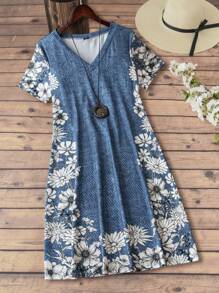 EMERY ROSE Floral Denim Effect Dress - Blue - View 1