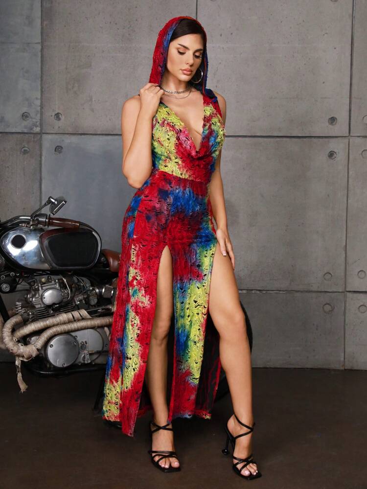 Music Festival Concert Outfits Women's Tie Dye Sleeveless Dress With V Neckline And Double Side Slits Hooded