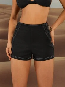 Hauture Lace Up Side Contrast Stitch Casual Shorts - Black - View 1