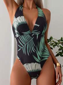 SHEIN Swim Summer 2pcs Women's Vacation Style Plant Printed One-Piece Swimsuit