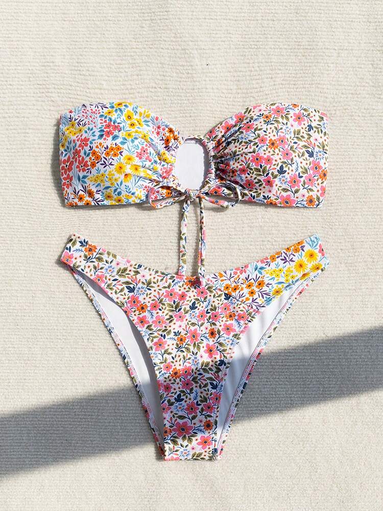 Women's Floral Print Bandeau Bikini Set For Summer Beach Vacation