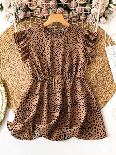 SHEIN LUNE 大码女式波尔卡圆点印花短蝙蝠袖衬衫、夏季荷叶边上衣