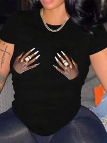 INAWLY Women's Hand Printed Short Sleeve T-Shirt - Black - View 1
