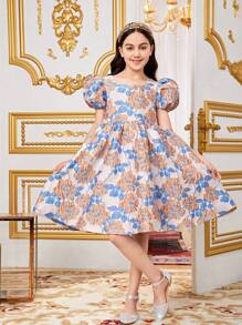 SHEIN Locker Geschnittenes, Locker Geschnittenes, Lässiges Kleid Mit Blumenmuster Für Mädchen Von Tween Mit Quadratischem Ausschnitt Und Puffärmeln - Blau - Übersicht 3