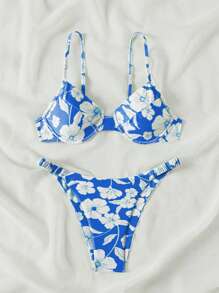 SHEIN Swim Bộ bikini in hoa dành cho nữ đi biển mùa hè - Xanh và trắng - Xem 3