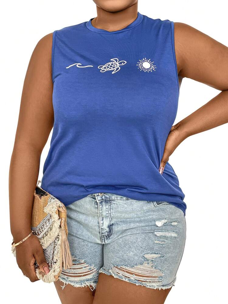 Plus Size Printed Round Neck Tank Top