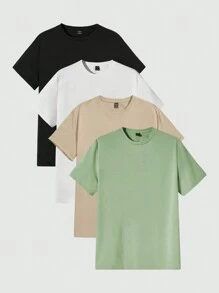 Manfinity Homme Set de 4 camisetas básicas de cuello redondo de manga corta y unicolor para hombre, paquete de camisas, regalo para el novio, para salir - Multicolor - Ver 7