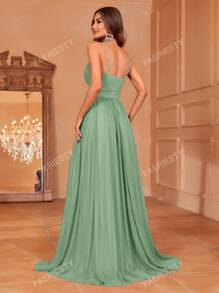 Faeriesty Solid Plunging Neck Sleeveless Cami Dress Elegant Bridesmaid Dress