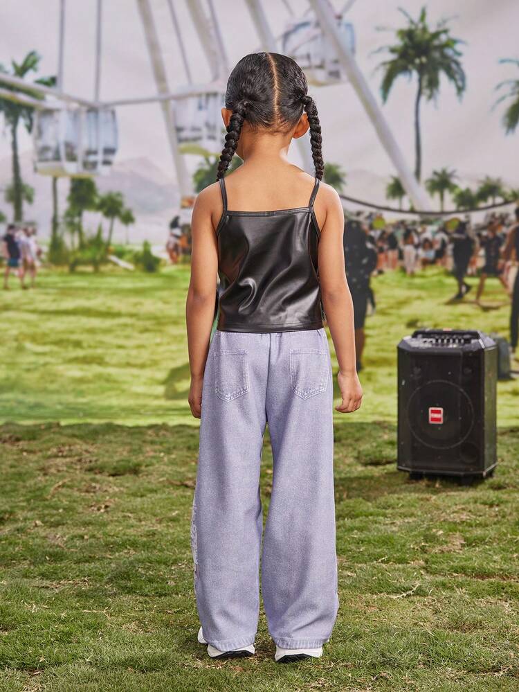 2pcs Young Girls' Look PU Leather Big Heart Strap Tank Top & Denim Effect Long Pants Outfit Set, Fit For Music Festival, Party And Casual Wear, Spring/Summer