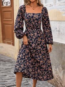 Breezaya Floral Print Lantern Sleeve Cross Back Tie Dress