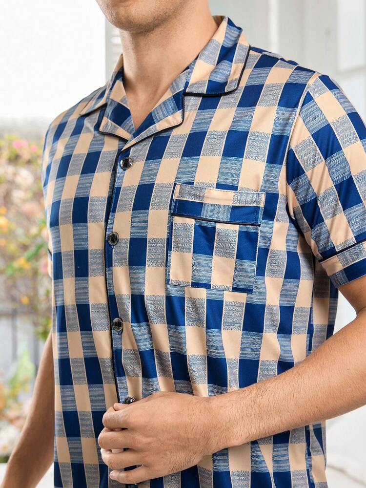 Plaid Home Wear Short Sleeve Shirt And Shorts Set